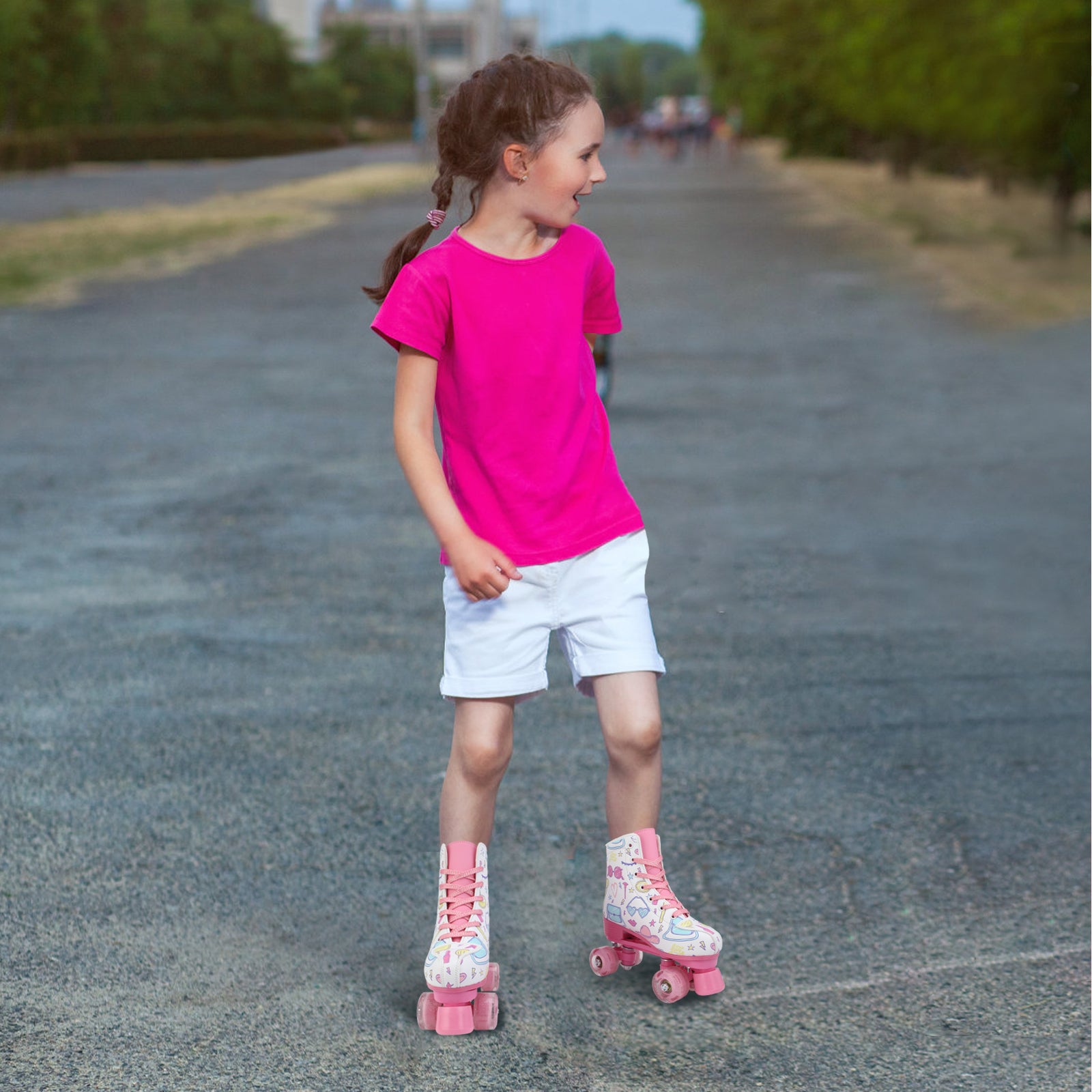 Outdoor PU leather quad roller skates for kids and girls, beginner-friendly